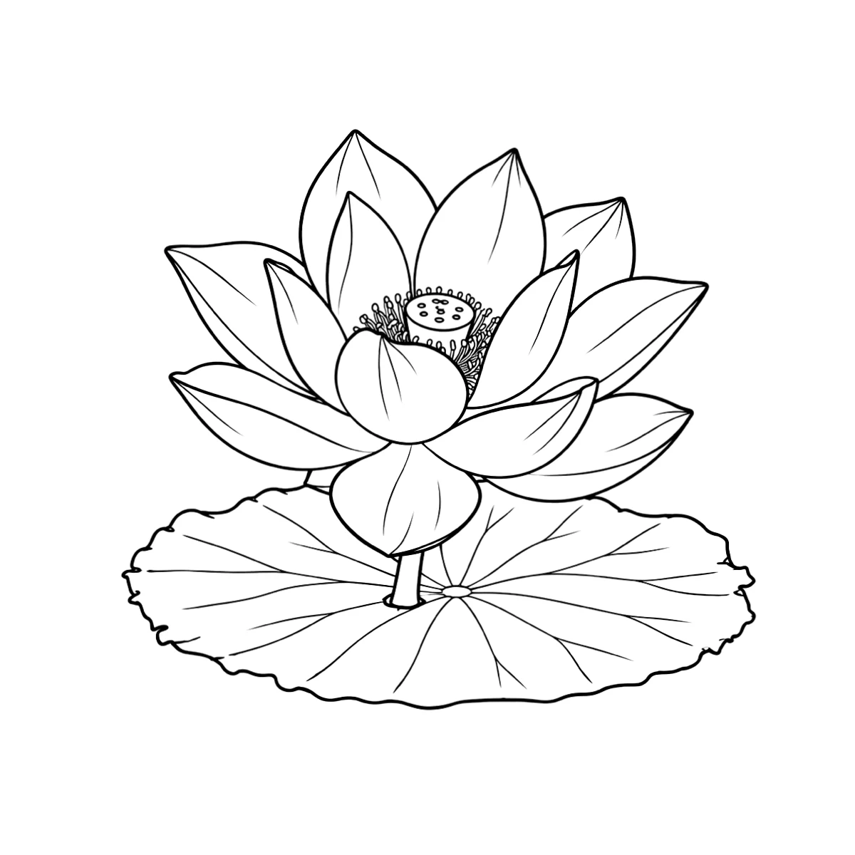 Lotus tattoo stencil in clean black linework on white, printable (AI-generated example)
