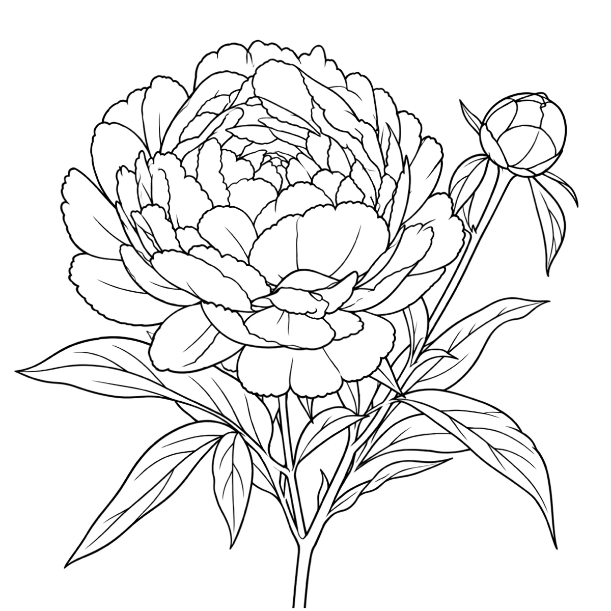 Peony tattoo stencil in clean black linework on white, printable (AI-generated example)