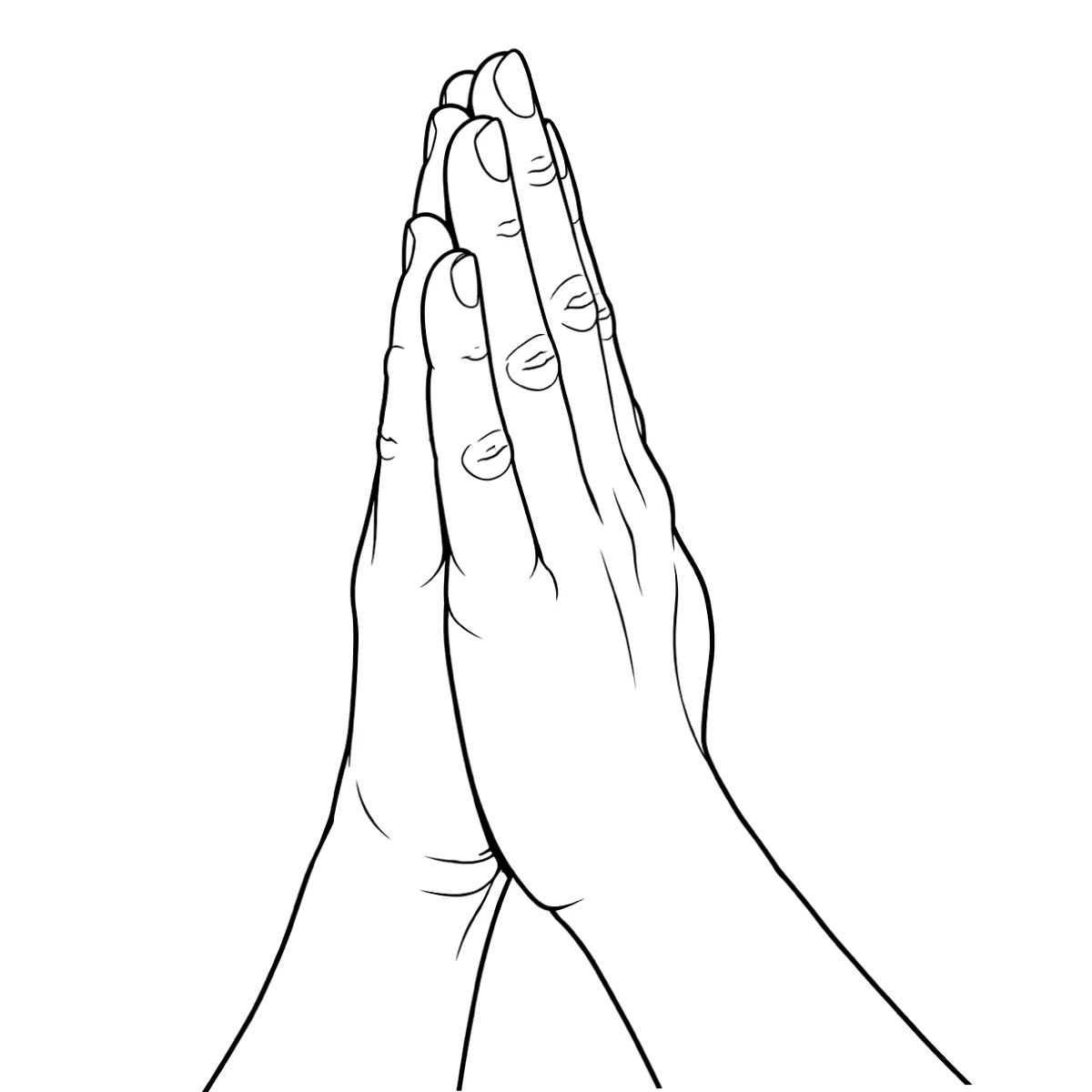 Praying hands tattoo stencil in clean black linework on white, printable (AI-generated example)