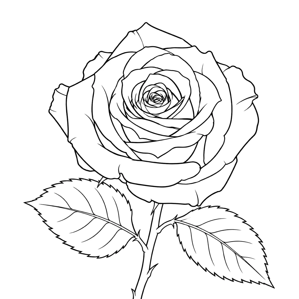 Rose tattoo stencil in clean black linework on white, printable (AI-generated example)