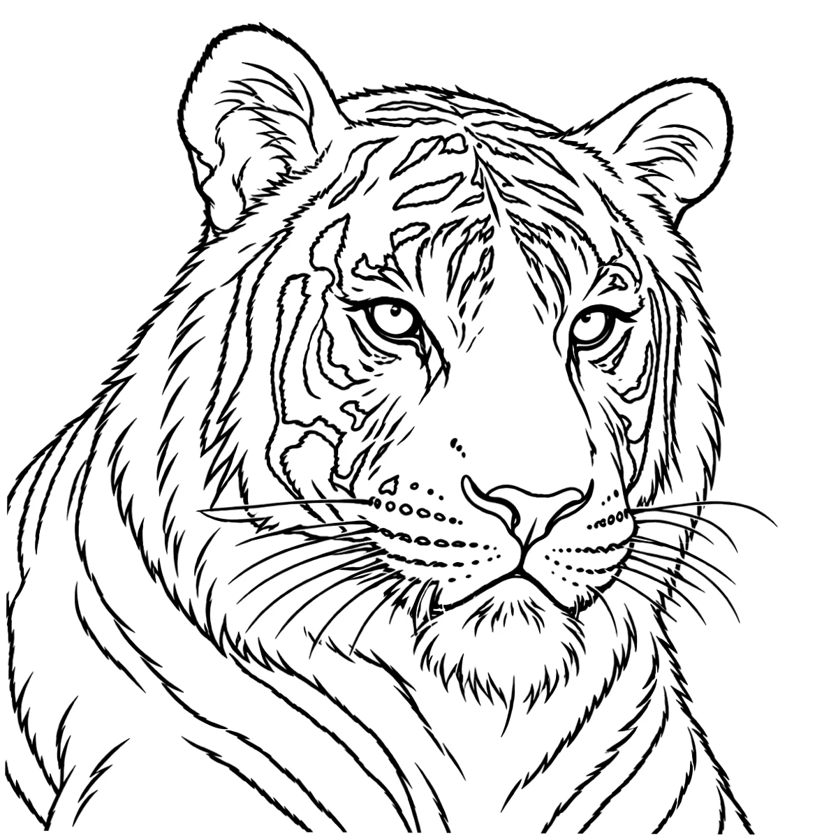 Tiger tattoo stencil in clean black linework on white, printable (AI-generated example)
